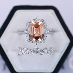 3Ct Natural Morganite Engagement Ring. Halo Emerald Cut Genuine Morganite Engagement Ring, 9x7mm Step Cut Morganite Engagement Ring with Eternity Band