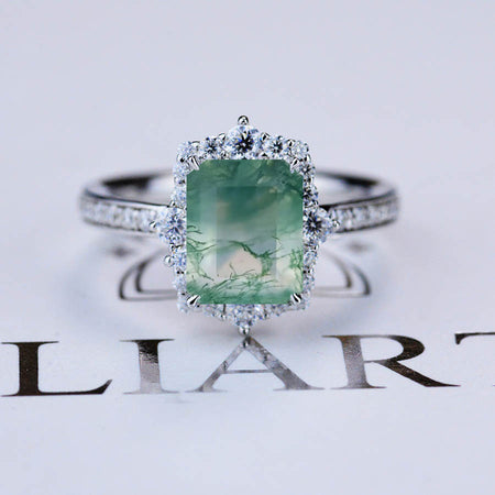 3 Carat Natural Moss Agate  Emerald Step Cut  Halo Engagement Ring