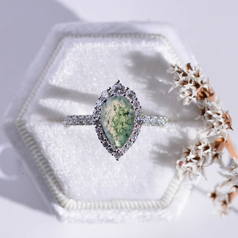 14K Solid White Gold 3 Carat Moss Agate Pear Cut Halo Moissanite Ring