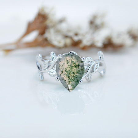 Genuine Pear Cut Moss Agate Twig Floral White Gold Engagement  Ring