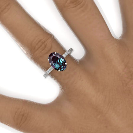 4 Carat Oval Alexandrite Double Hidden Halo Engagement Ring, Promise Ring For Her, Alexandrite Wedding Ring, 14K Gold Oval Alexandrite Engagement Ring