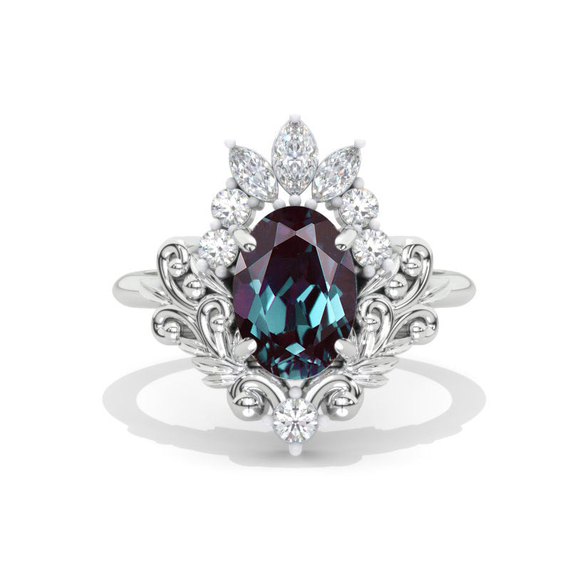 3 Carat Oval Alexandrite Halo Ornamental Engagement Ring