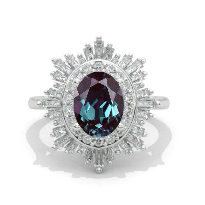 14K White Gold 2 Carat Oval Alexandrite Halo Engagement Ring