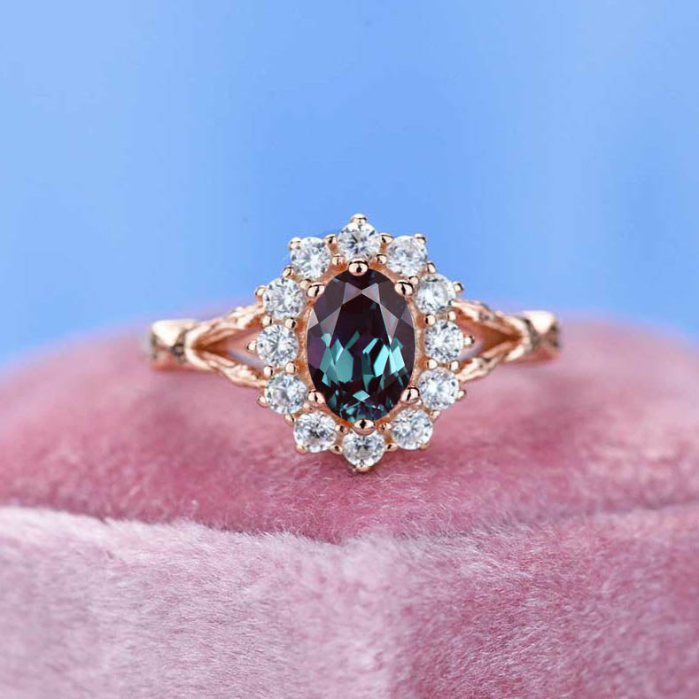 1 Carat Oval Cut Vintage Alexandrite Rose Ring, Rose Gold Floral Unique Oval Halo Ring