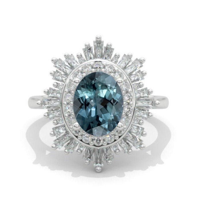 14K White Gold 2 Carat Oval Teal Sapphire Halo Engagement Ring