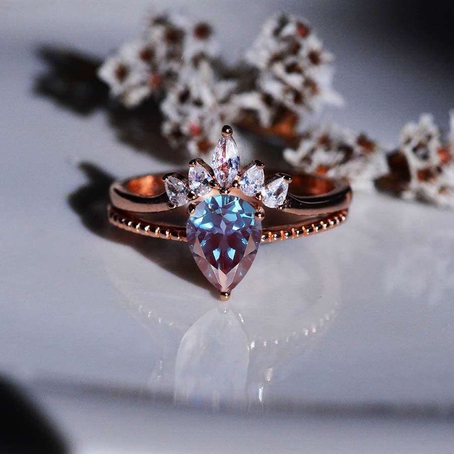 Pear Cut Alexandrite Ring- Two Ring Set