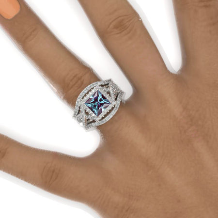 2 Carat Princess Alexandrite Halo 14K White Gold Engagement Ring Eternity Ring Set