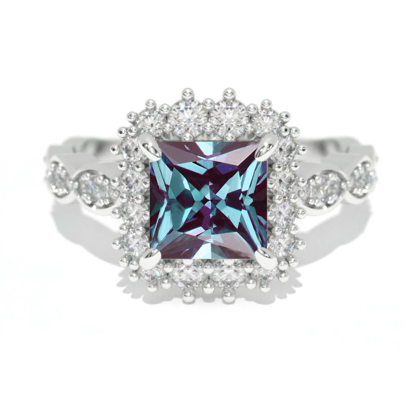 14K White Gold 1.5 Carat Princess Alexandrite Halo Engagement Ring