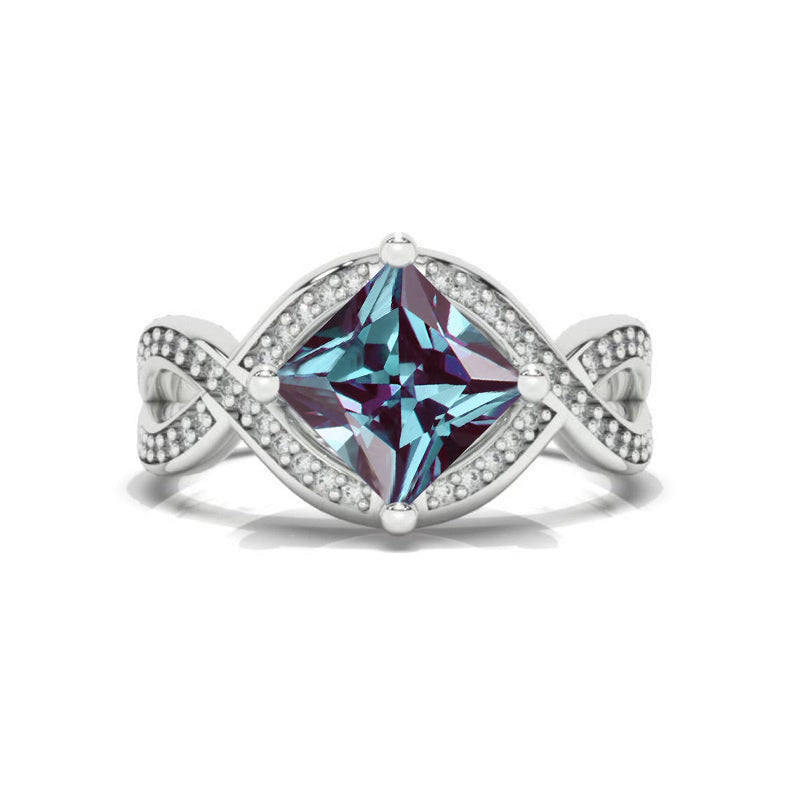 2Ct Princess Cut Alexandrite 14K White Gold Engagement Ring Twisted Shank Gold Ring Alexandrite Shade Ring
