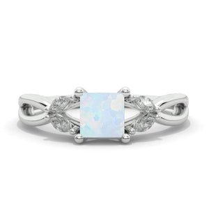 Princess Cut Genuine Natural White Opal Twisted Shank Engagement Ring