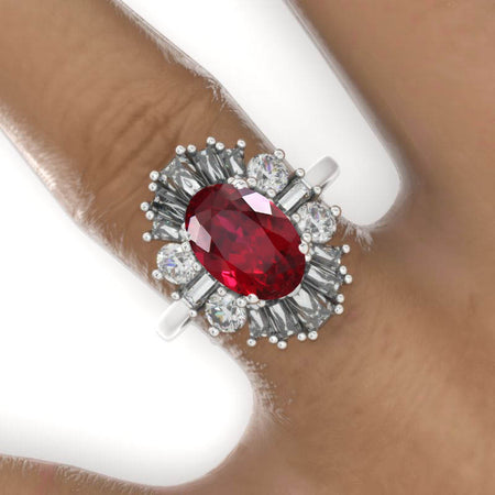 14K White Gold 3 Carat Oval Ruby Halo Engagement Ring