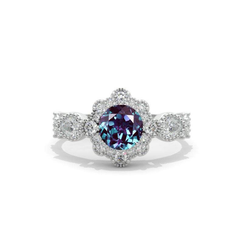 14K White Gold 1 Carat Round Alexandrite Halo Engagement Ring