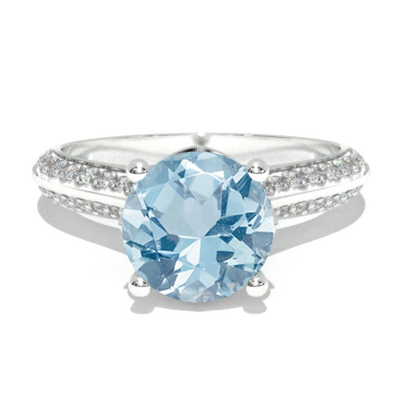 14K Solid Gold Ring 2CT Round Genuine Aquamarine Imitation Wedding Ring Aquamarine Engagement Ring Anniversary Promise Eternity Gold Ring