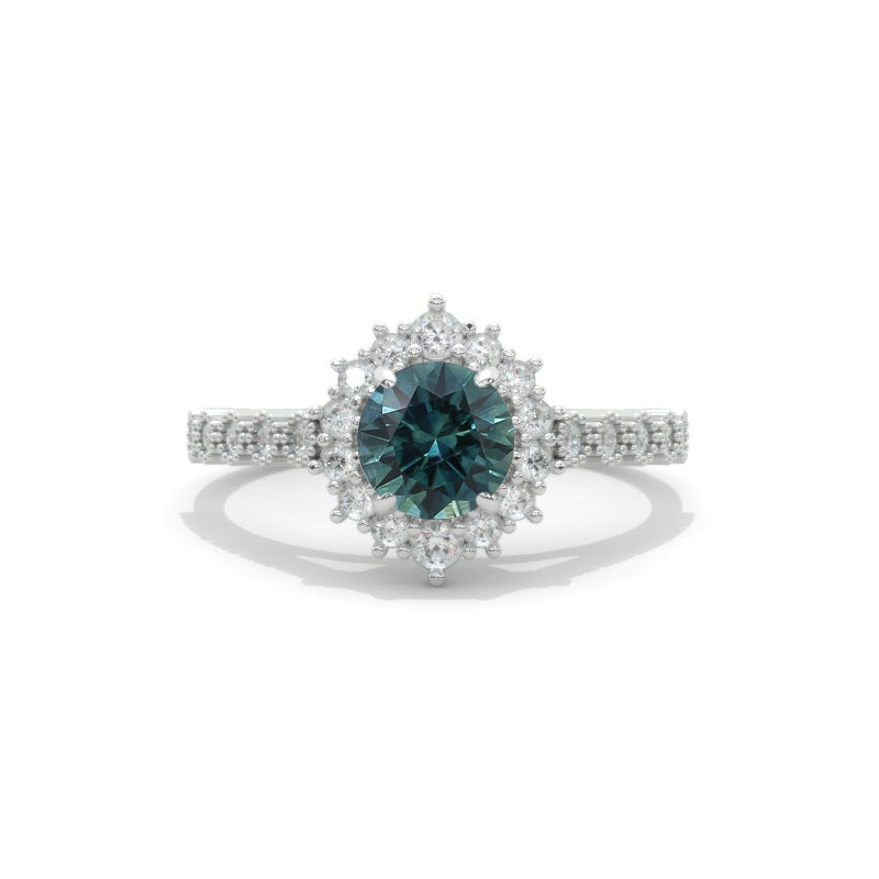 14K White Gold 1 Carat Round Teal Sapphire Halo Engagement Ring
