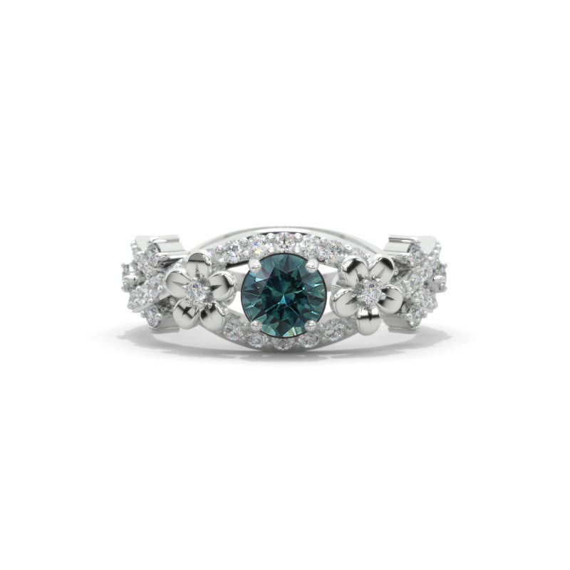 1.0 Carat Teal Sapphire Celtic Engagement Floral Ring 14K White Gold