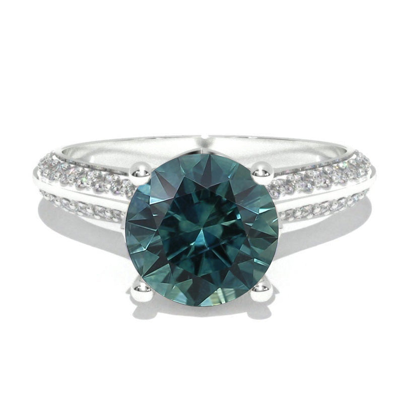14K Solid Gold Ring 7mm Round Teal Sapphire Wedding Ring. Teal Sapphire Engagement Ring Anniversary Promise Platinum Ring