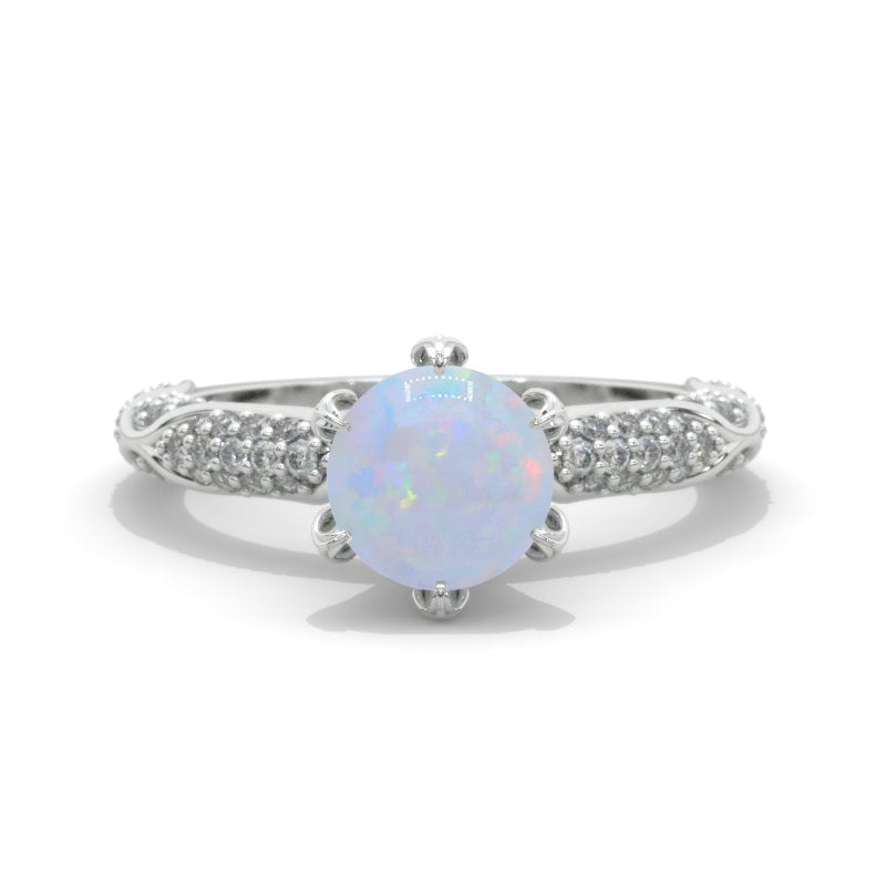 2 Carat Genuine Natural Natural White Opal Floral White Gold Engagement Ring