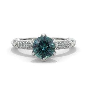 2 Carat Ethically LAB-Grown Teal Sapphire Floral White Gold Engagement Ring