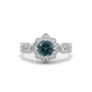 14K White Gold 1 Carat Round Teal Sapphire Halo Engagement Ring
