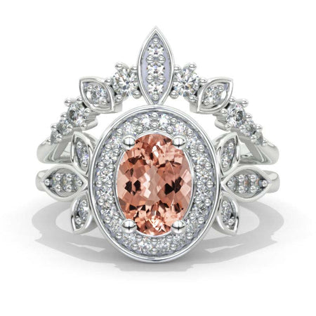 Oval Morganite Halo 14K White Gold  Engagement Ring, Eternity Ring Set