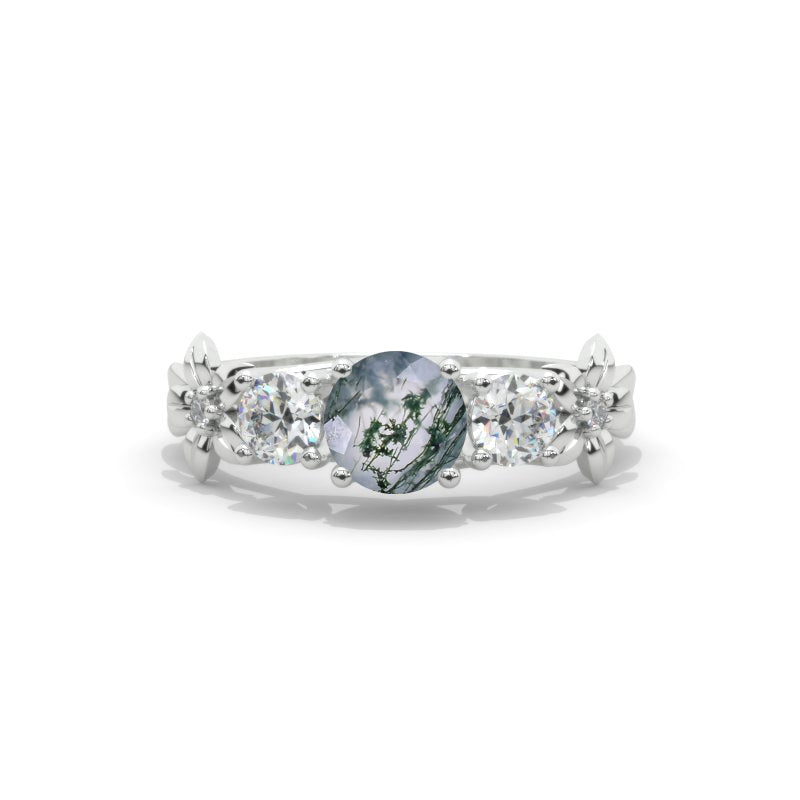 1.5 Carat Genuine Moss Agate Three-Stone White Gold Engagement  Ring