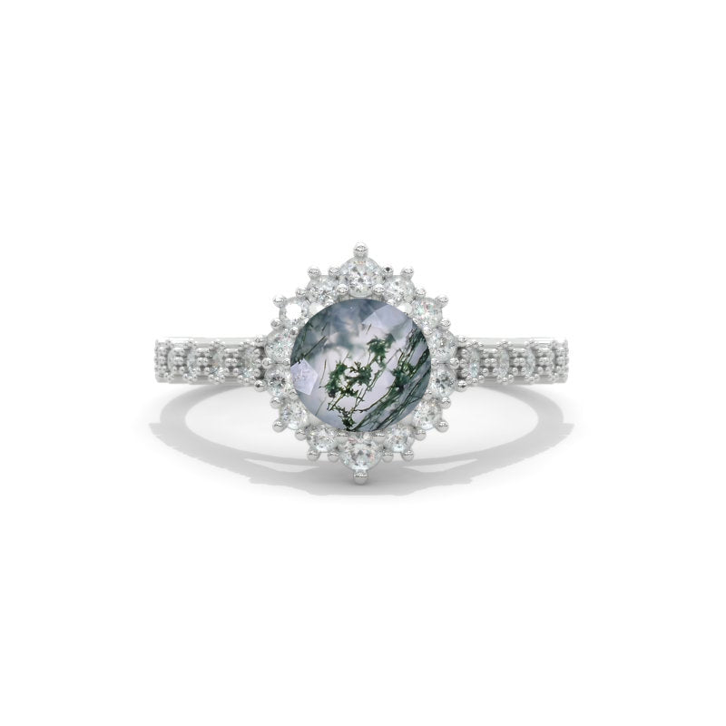 14K White Gold 1 Carat Round Genuine Moss Agate Halo Engagement Ring