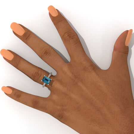 3.8 Carat Teal Sapphire Emerald Cut Engagement Gold Ring.