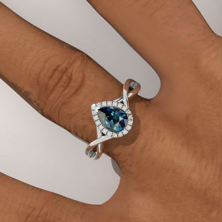 14K White Gold 0.8 Carat Pear Teal Sapphire Halo Engagement Ring