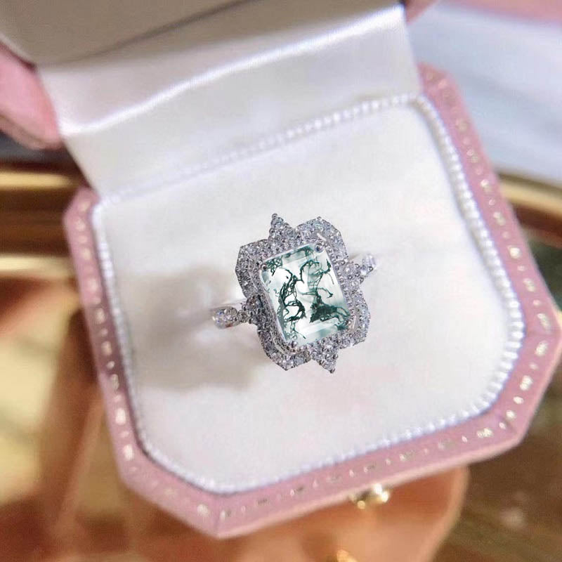 4Ct Emerald cut Halo Genuine Moss Agate  ring, Moss Agate solitaire ring, natural Genuine Moss Agate ring, genuine moss agate emerald cut vintage ring