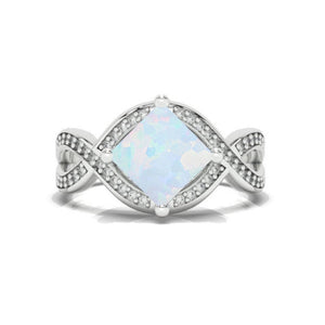 2Ct Princess Cut Genuine Natural White Opal 14K White Gold Engagement Ring Twisted Shank Gold Ring 