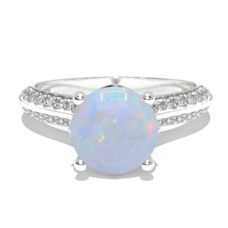 14K Solid Gold Ring 2CT Round Genuine Natural White Opal Imitation Wedding Ring White Opal Engagement Ring Anniversary Promise Eternity Gold Ring