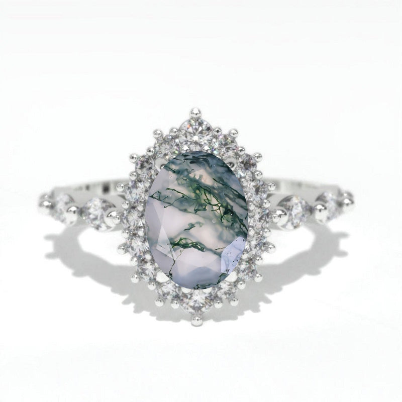 14K Solid Gold Ring 1.5CT Oval Halo Genuine Moss Agate Wedding Ring Stone Engagement Ring Anniversary Ring Yellow White Gold Ring Pave Set Colar