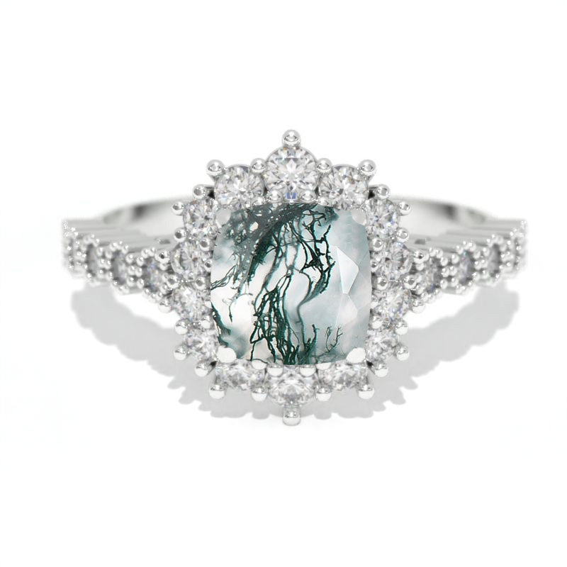 14K White Gold 1.2 Carat Cushion Genuine Moss Agate Halo Engagement Ring
